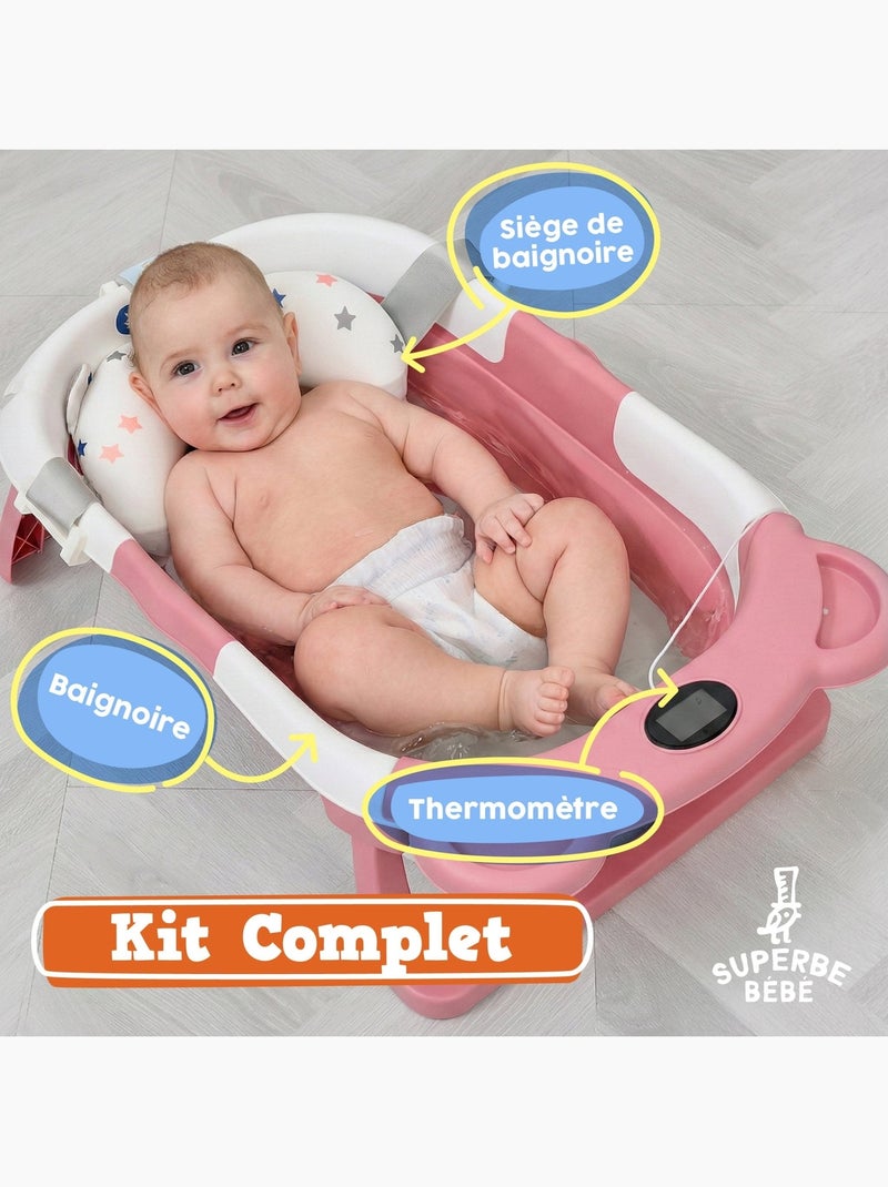 Opvouwbaar babybadje - Inclusief thermometer en badkussen - BEAR | SUPERBE BEBE Roze - Kiabi