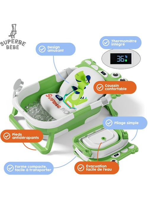 Opvouwbaar babybadje - Inclusief thermometer en badkussen - DINO | SUPERBE BEBE - Kiabi Opvouwbaar babybadje - Inclusief thermometer en badkussen - DINO | SUPERBE BEBE - Kiabi
