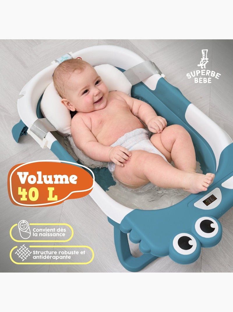 Opvouwbaar babybadje - Inclusief thermometer en badkussen - DINO | SUPERBE BEBE Petrolblauw - Kiabi