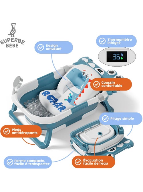 Opvouwbaar babybadje - Inclusief thermometer en badkussen - DINO | SUPERBE BEBE - Kiabi Opvouwbaar babybadje - Inclusief thermometer en badkussen - DINO | SUPERBE BEBE - Kiabi