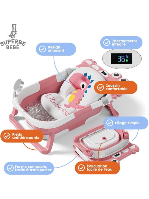 Opvouwbaar babybadje - Inclusief thermometer en badkussen - DINO | SUPERBE BEBE - Kiabi Opvouwbaar babybadje - Inclusief thermometer en badkussen - DINO | SUPERBE BEBE - Kiabi