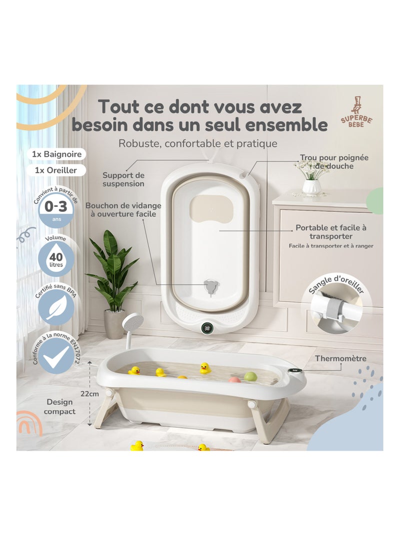 Opvouwbaar babybadje - Inclusief thermometer en badkussen | SUPERBE BEBE Wit Geel - Kiabi