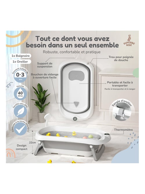 Opvouwbaar babybadje - Inclusief thermometer en badkussen | SUPERBE BEBE - Kiabi Opvouwbaar babybadje - Inclusief thermometer en badkussen | SUPERBE BEBE - Kiabi