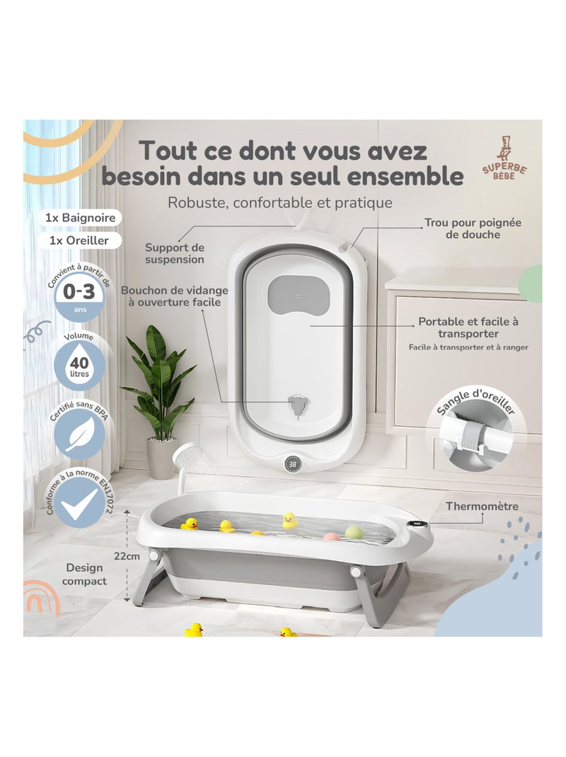 Opvouwbaar babybadje - Inclusief thermometer en badkussen | SUPERBE BEBE Wit Grijs - Kiabi