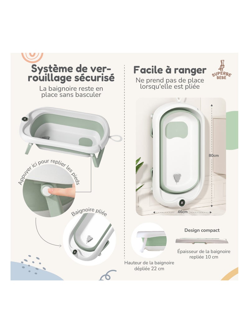 Opvouwbaar babybadje - Inclusief thermometer en badkussen | SUPERBE BEBE Wit Groen - Kiabi