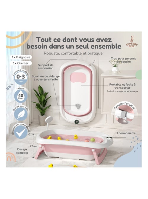 Opvouwbaar babybadje - Inclusief thermometer en badkussen | SUPERBE BEBE - Kiabi Opvouwbaar babybadje - Inclusief thermometer en badkussen | SUPERBE BEBE - Kiabi