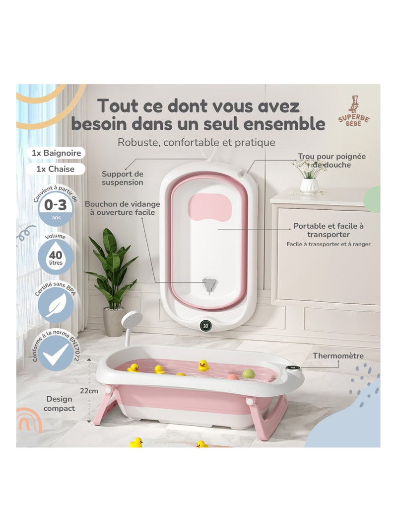 Opvouwbaar babybadje - Inclusief thermometer en badzitje | SUPERBE BEBE Roze - Kiabi