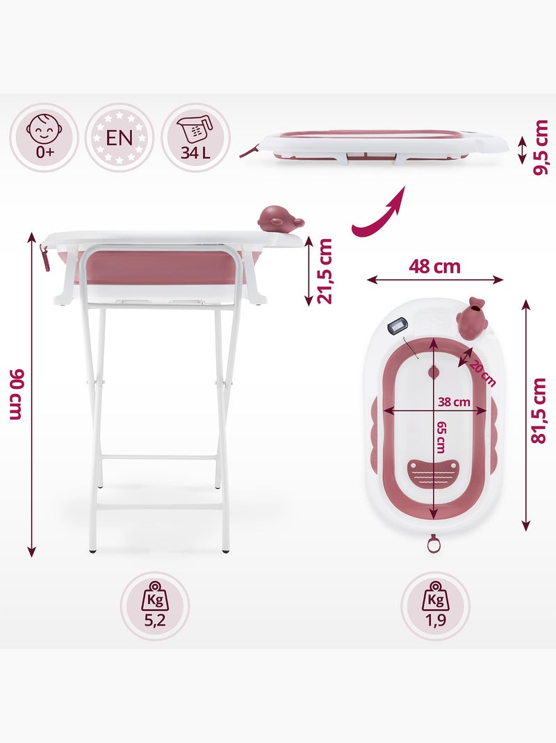 Opvouwbaar babybadje met thermometer, inzetstuk en standaard Roze - Kiabi
