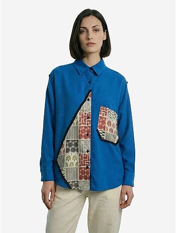 Overhemd met geometrische print van linnenmix en knoopsluiting my fashion