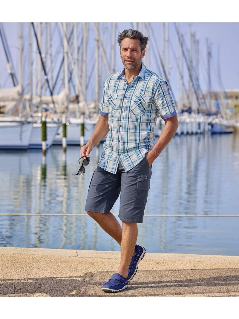 Overhemd met korte mouwen van geruite popeline - ATLAS FOR MEN Wit Marineblauw - Kiabi