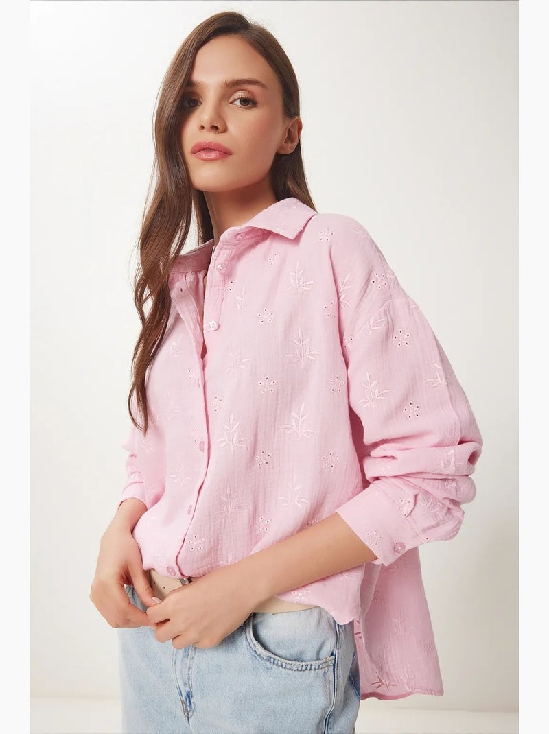 Overhemd met lange mouwen, getextureerd en geborduurd, met knoopsluiting. Istanbul Roze - Kiabi