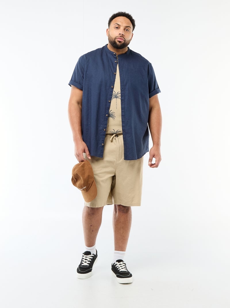 Overhemd van gemengd linnen met korte mouwen Blauw - Kiabi