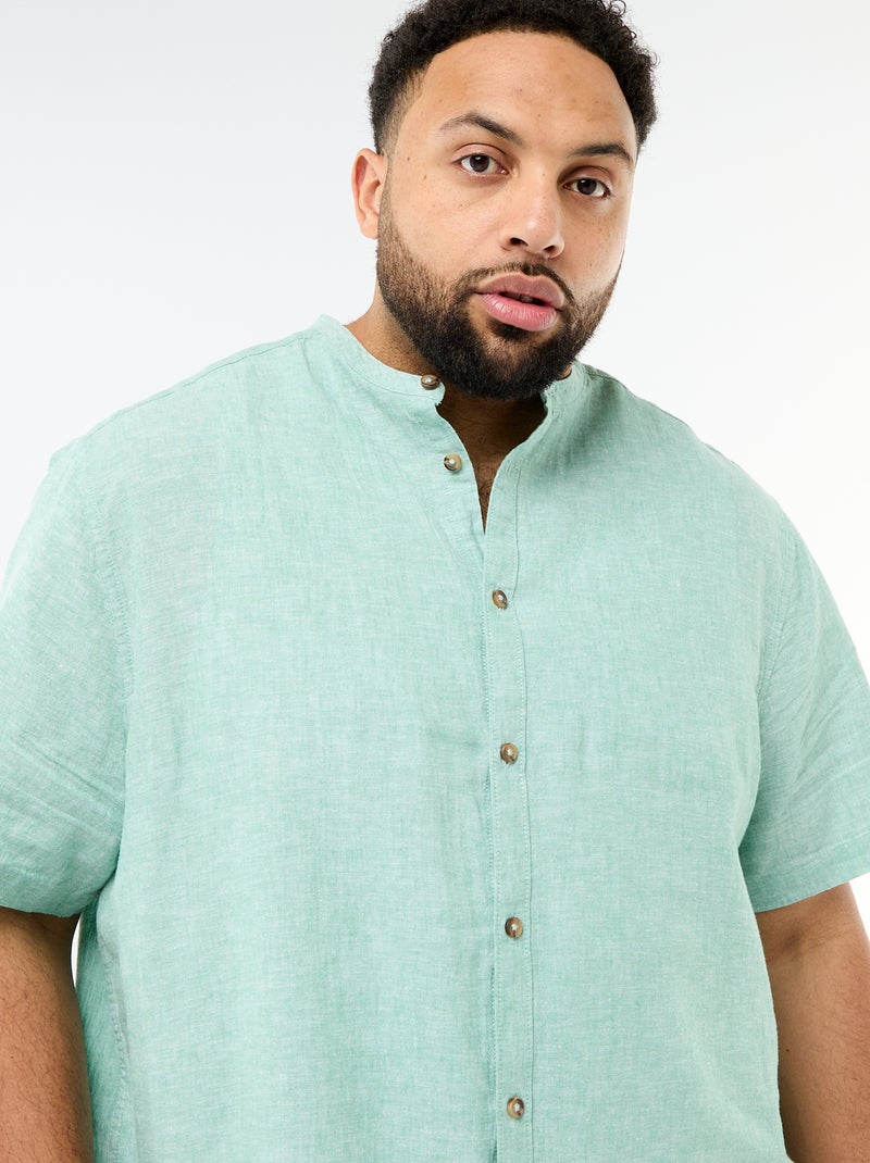 Overhemd van gemengd linnen met korte mouwen Groen - Kiabi