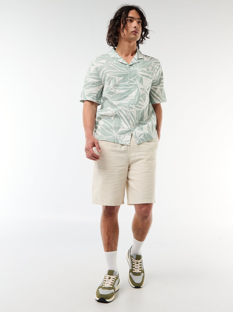 Overhemd van gemengd linnen met korte mouwen Groen - Kiabi