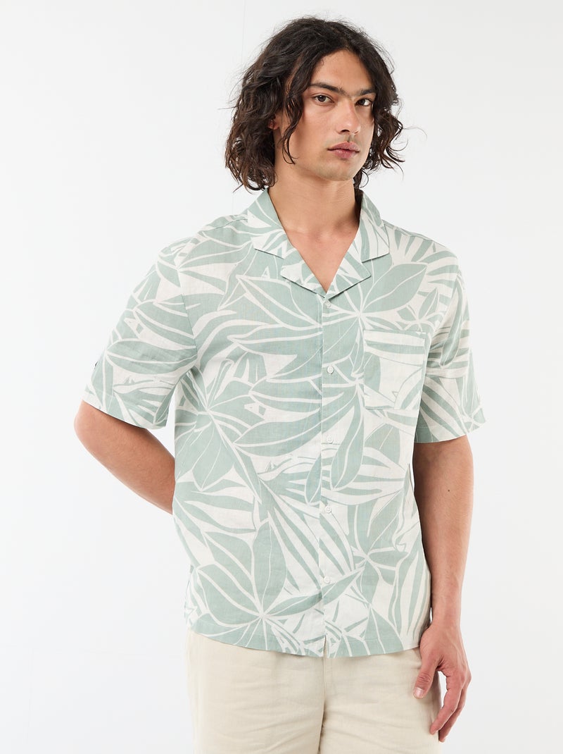 Overhemd van gemengd linnen met korte mouwen Groen - Kiabi