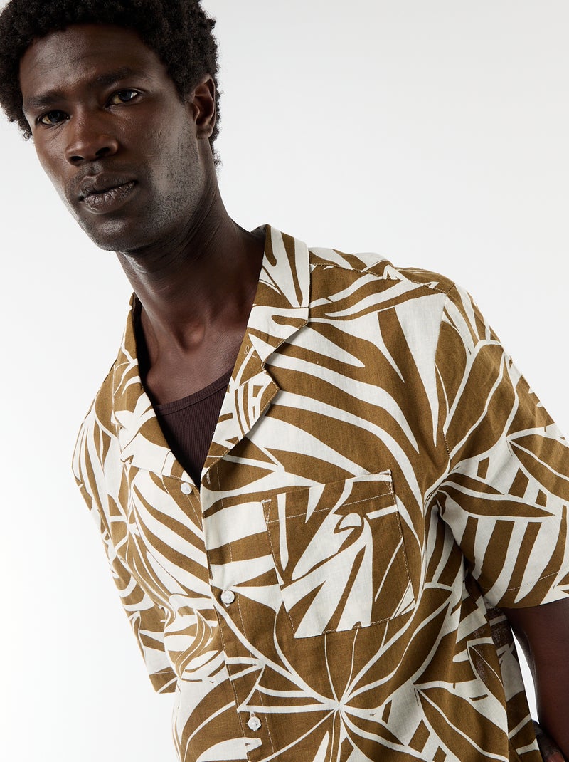 Overhemd van gemengd linnen met korte mouwen Kaki - Kiabi