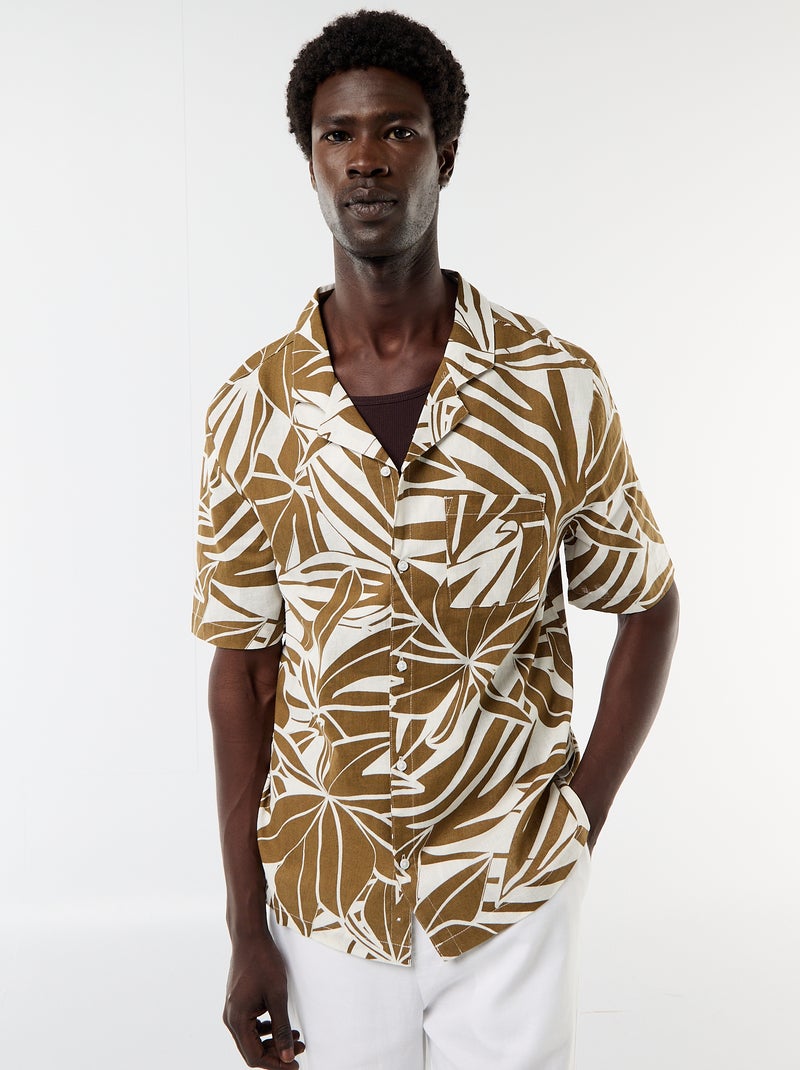 Overhemd van gemengd linnen met korte mouwen Kaki - Kiabi