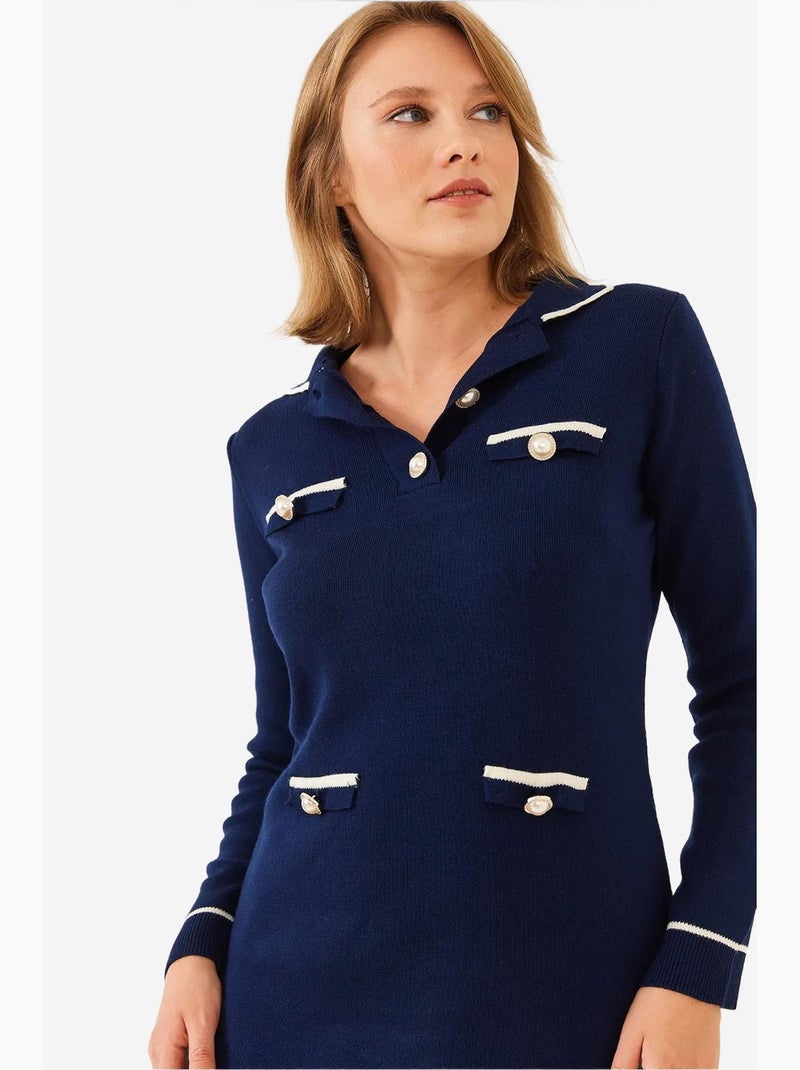 Overhemdkraag, knoop- en zakjedetail, lange mouwen, mini-breijurk lucci Marineblauw - Kiabi