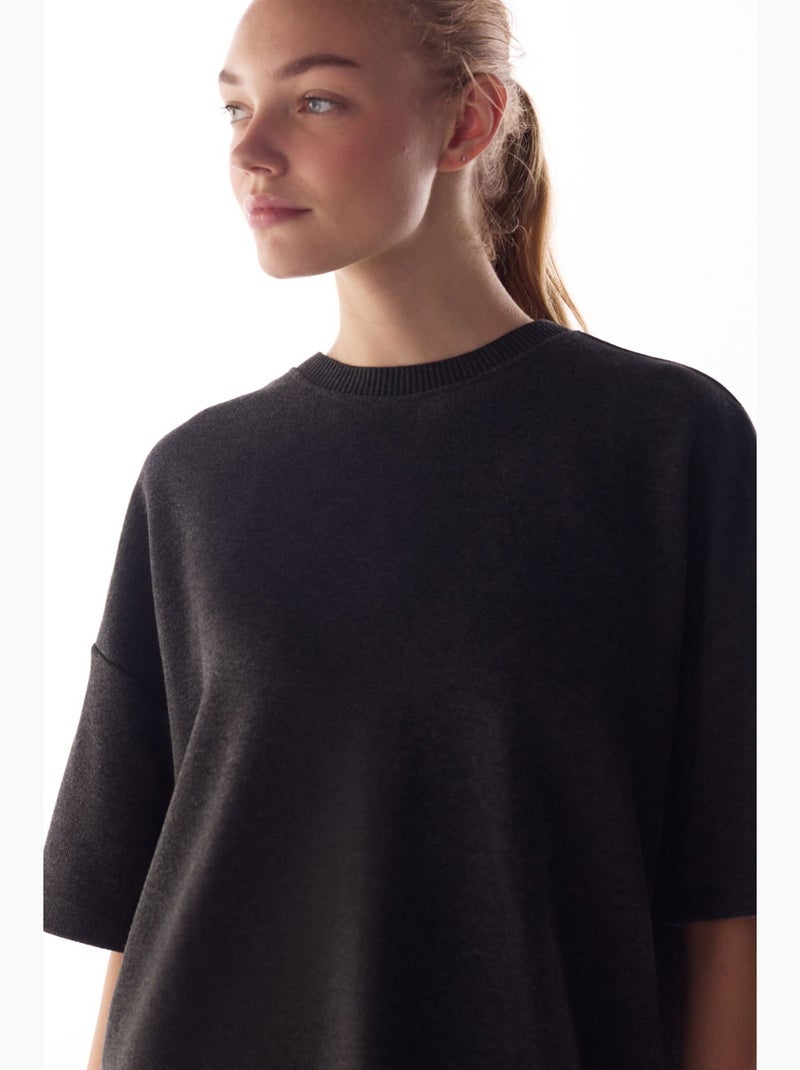 Oversize blouse met warm melange dessin en korte mouwen penti Grijs Zwart - Kiabi