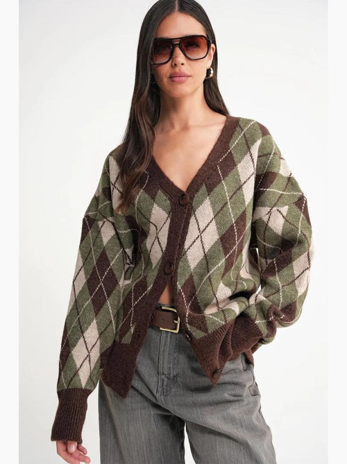 Oversized argyle v-hals cardigan met knopen mixray - Kiabi