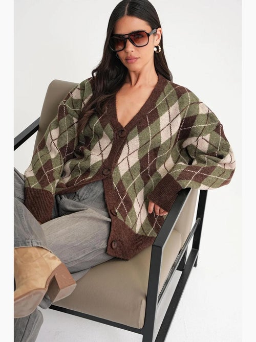 Oversized argyle v-hals cardigan met knopen mixray - Kiabi