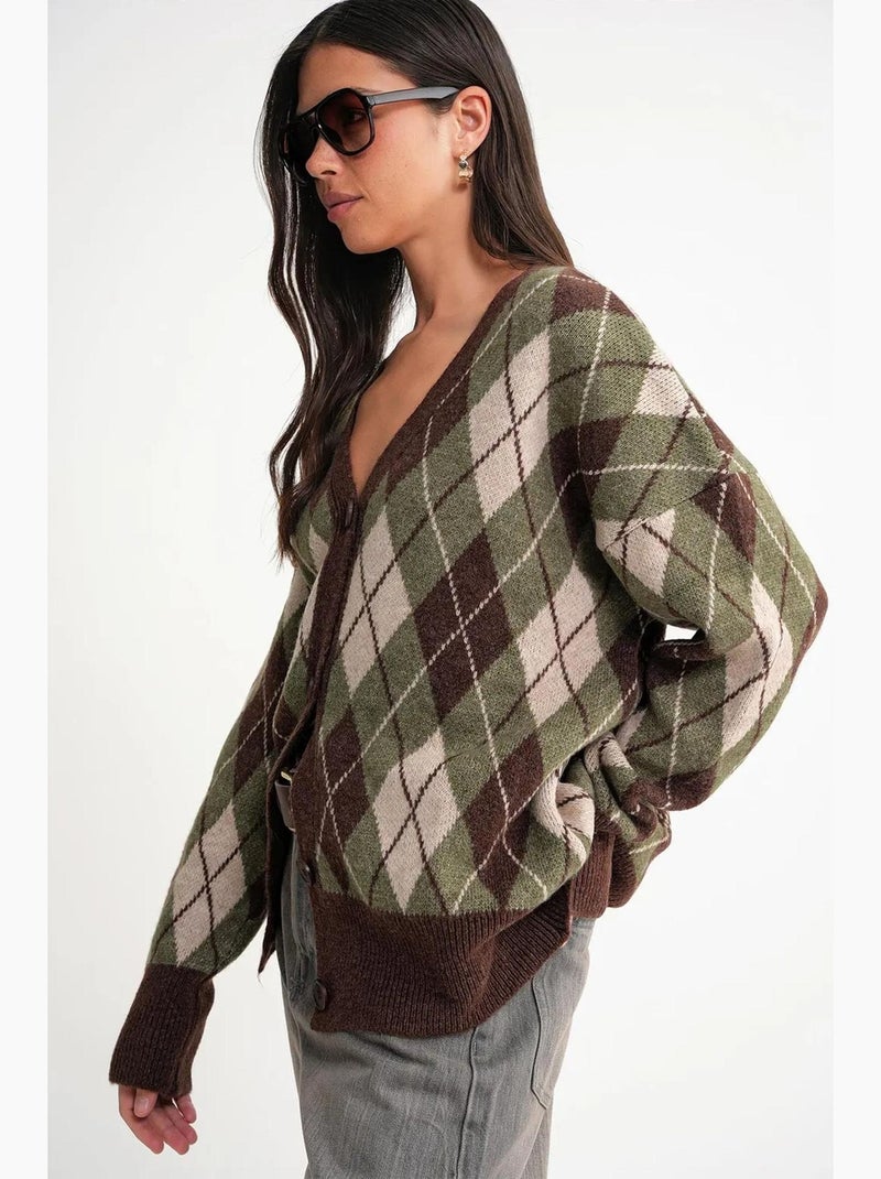 Oversized argyle v-hals cardigan met knopen mixray Kaki - Kiabi