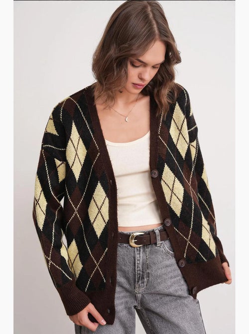 Oversized argyle v-hals cardigan met knopen mixray - Kiabi