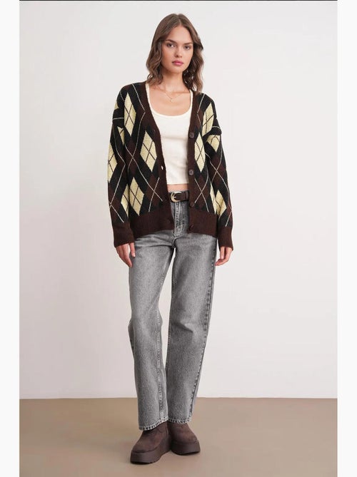 Oversized argyle v-hals cardigan met knopen mixray - Kiabi