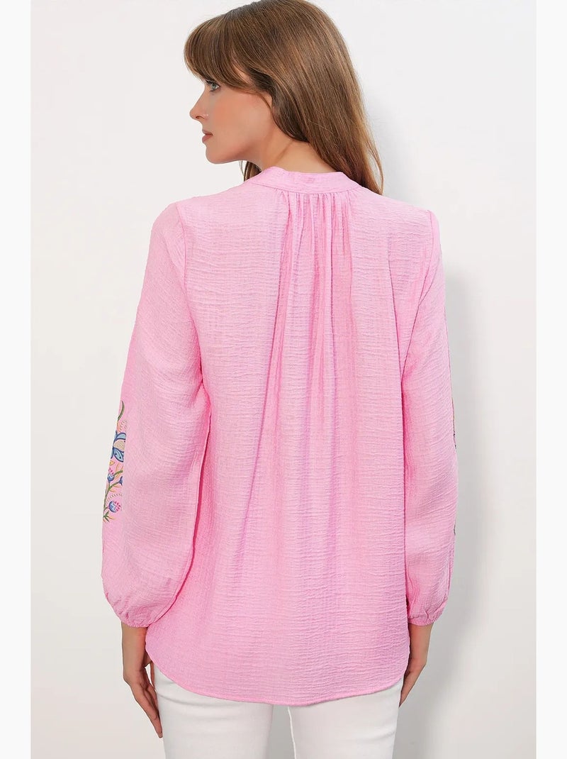 Oversized blouse van crêpe met borduursel bdart Fluorroze/Solinotes - Kiabi