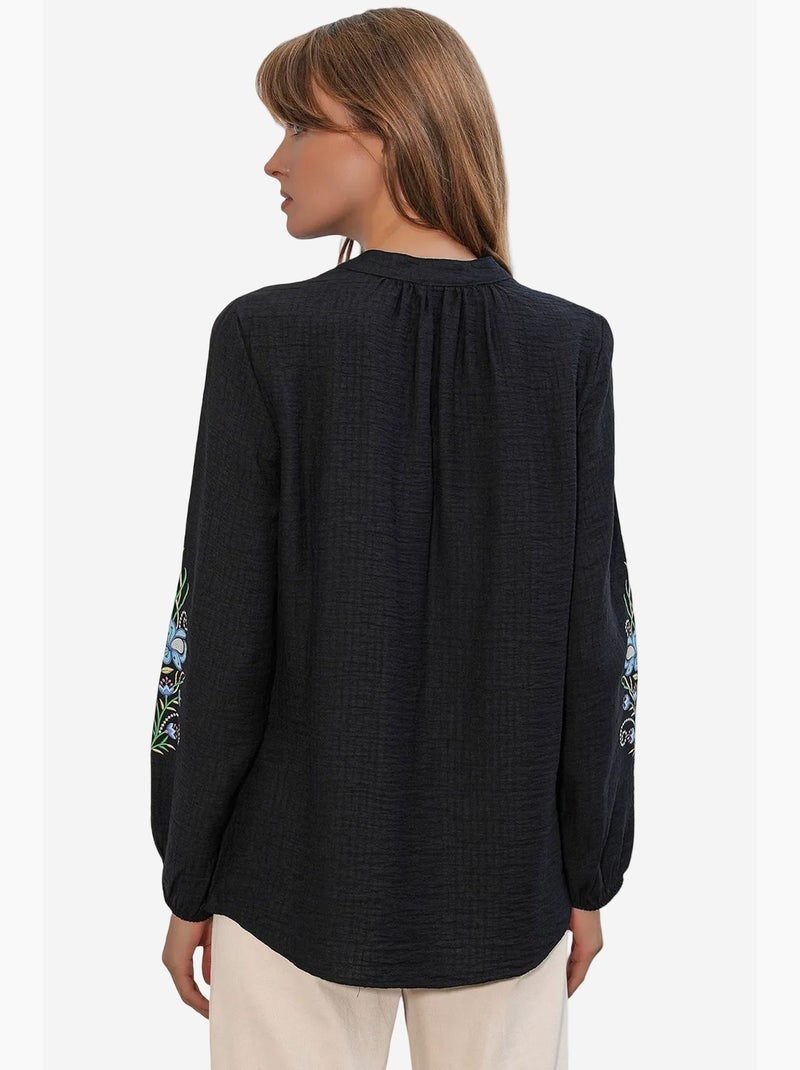 Oversized blouse van crêpe met borduursel bdart Zwart - Kiabi