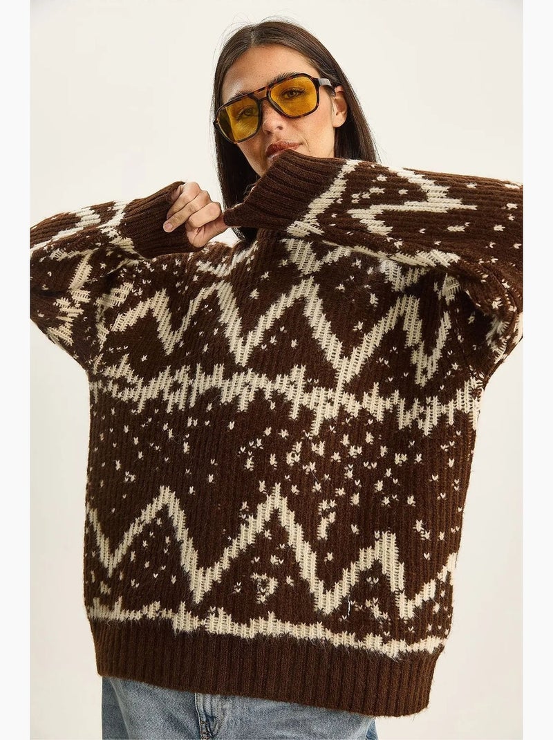Oversized etnische gebreide trui lucci Bruin - Kiabi
