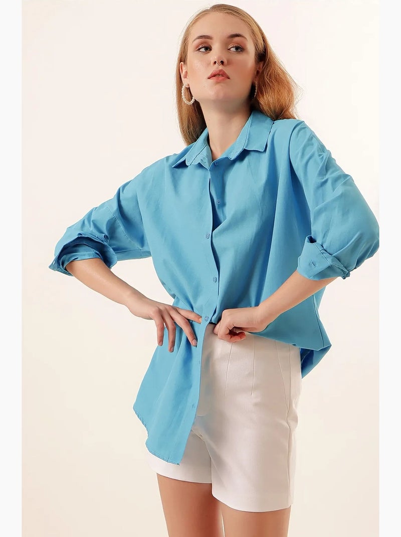 Oversized gebloemd poplin overhemd met knoopsluiting bdart Blauw - Kiabi