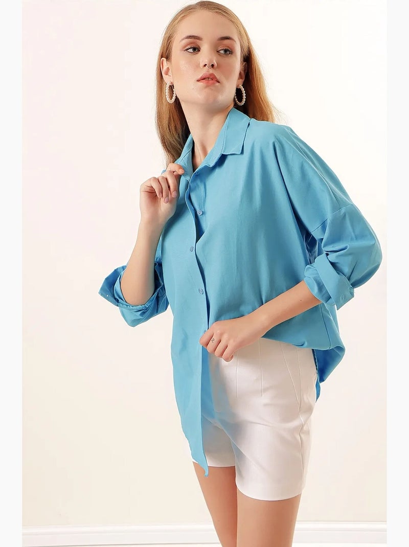 Oversized gebloemd poplin overhemd met knoopsluiting bdart Blauw - Kiabi