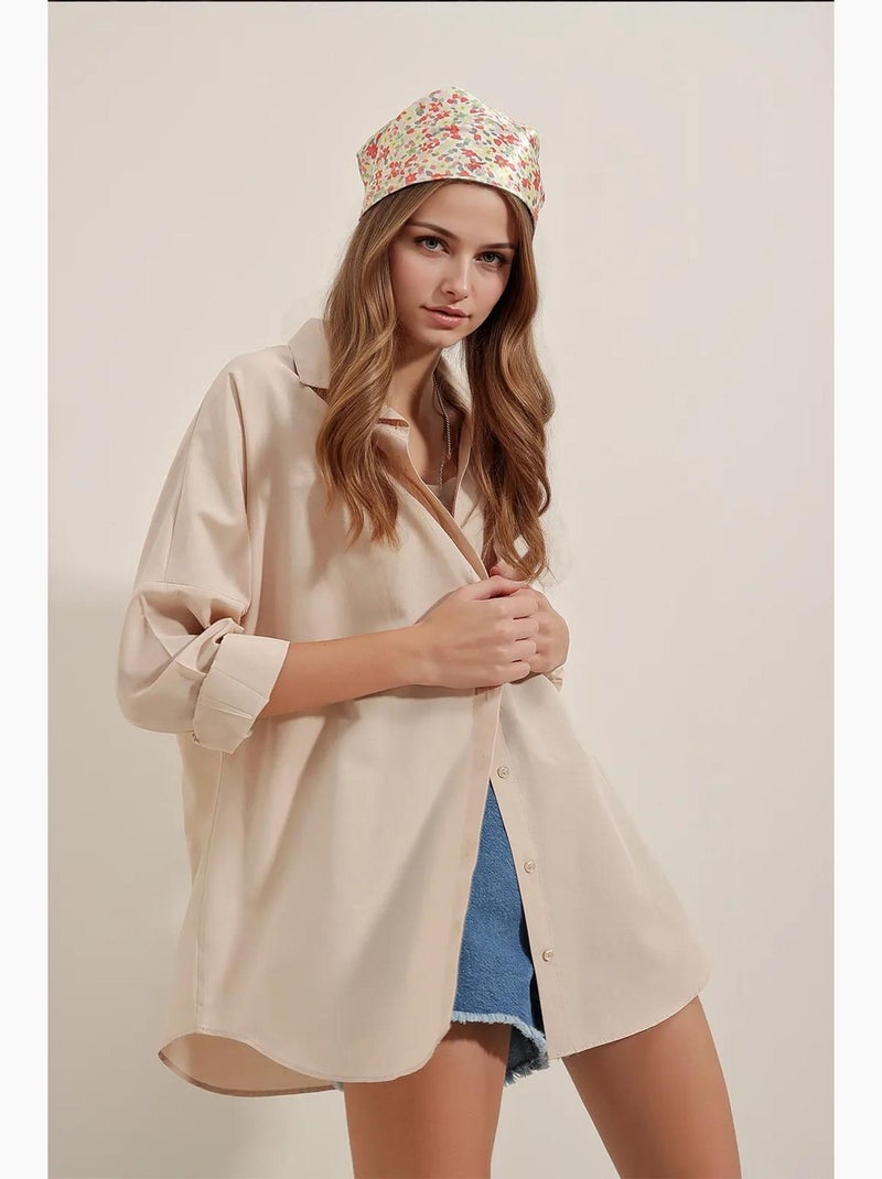 Oversized gebloemd poplin overhemd met knoopsluiting bdart Crème - Kiabi