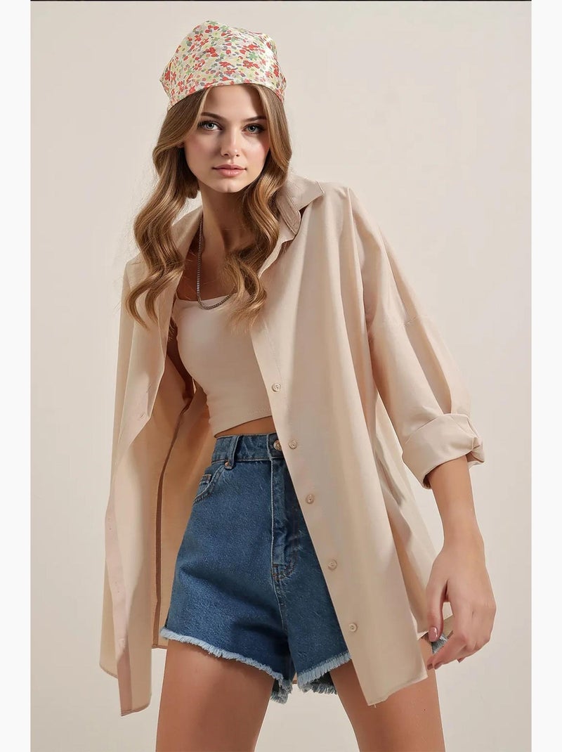 Oversized gebloemd poplin overhemd met knoopsluiting bdart Crème - Kiabi