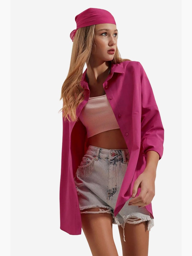 Oversized gebloemd poplin overhemd met knoopsluiting bdart Fluorroze/Solinotes - Kiabi