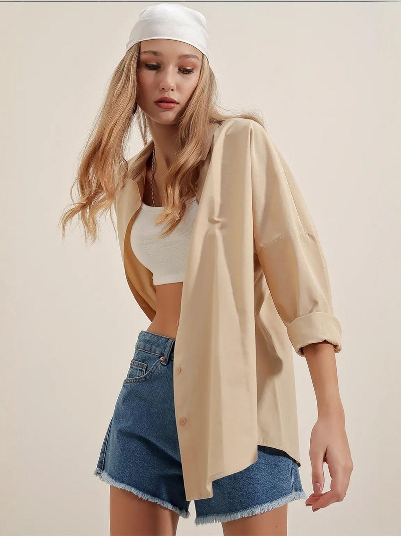 Oversized gebloemd poplin overhemd met knoopsluiting bdart Klei-beige - Kiabi
