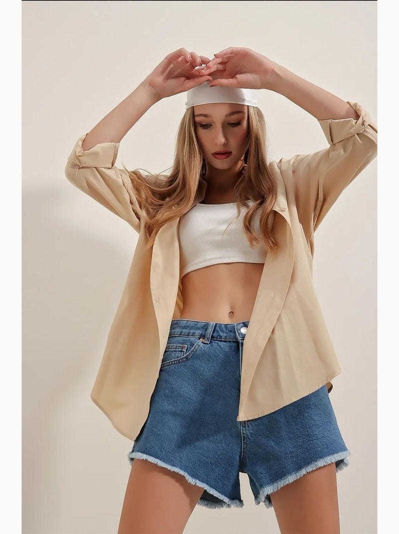 Oversized gebloemd poplin overhemd met knoopsluiting bdart Klei-beige - Kiabi