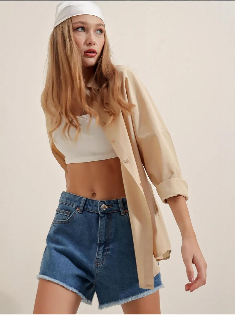 Oversized gebloemd poplin overhemd met knoopsluiting bdart Klei-beige - Kiabi