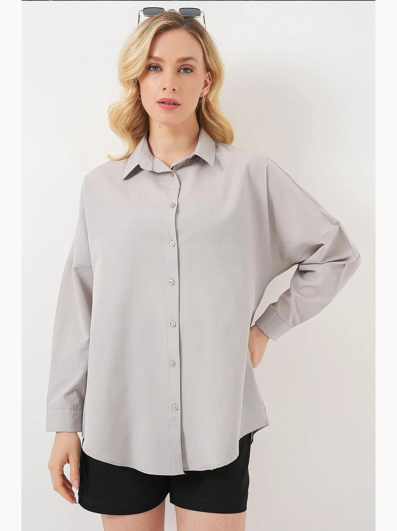 Oversized gebloemd poplin overhemd met knoopsluiting bdart Lichtgrijs - Kiabi