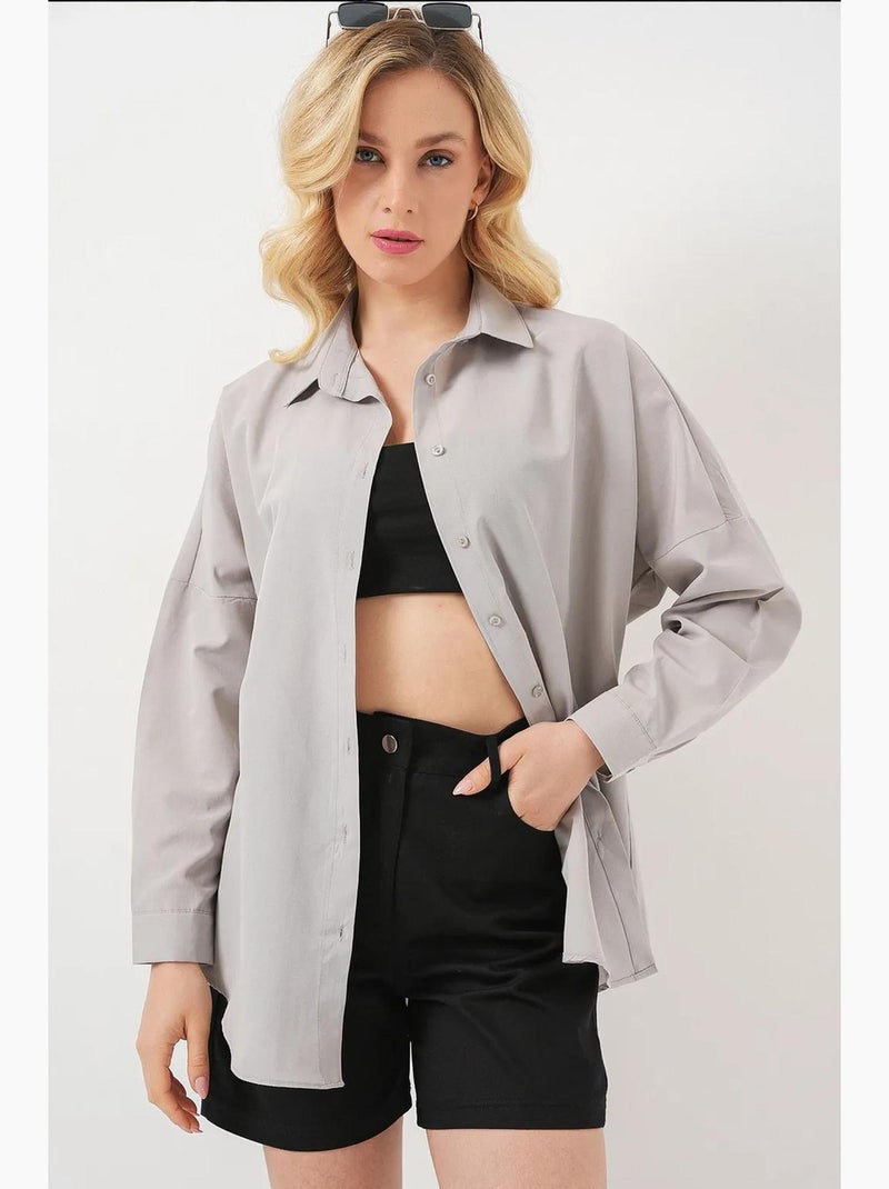 Oversized gebloemd poplin overhemd met knoopsluiting bdart Lichtgrijs - Kiabi