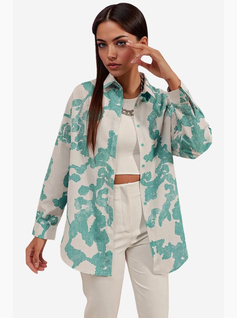 Oversized gebloemd poplin overhemd met knoopsluiting bdart Petrolblauw - Kiabi
