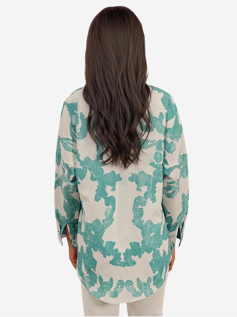 Oversized gebloemd poplin overhemd met knoopsluiting bdart Petrolblauw - Kiabi