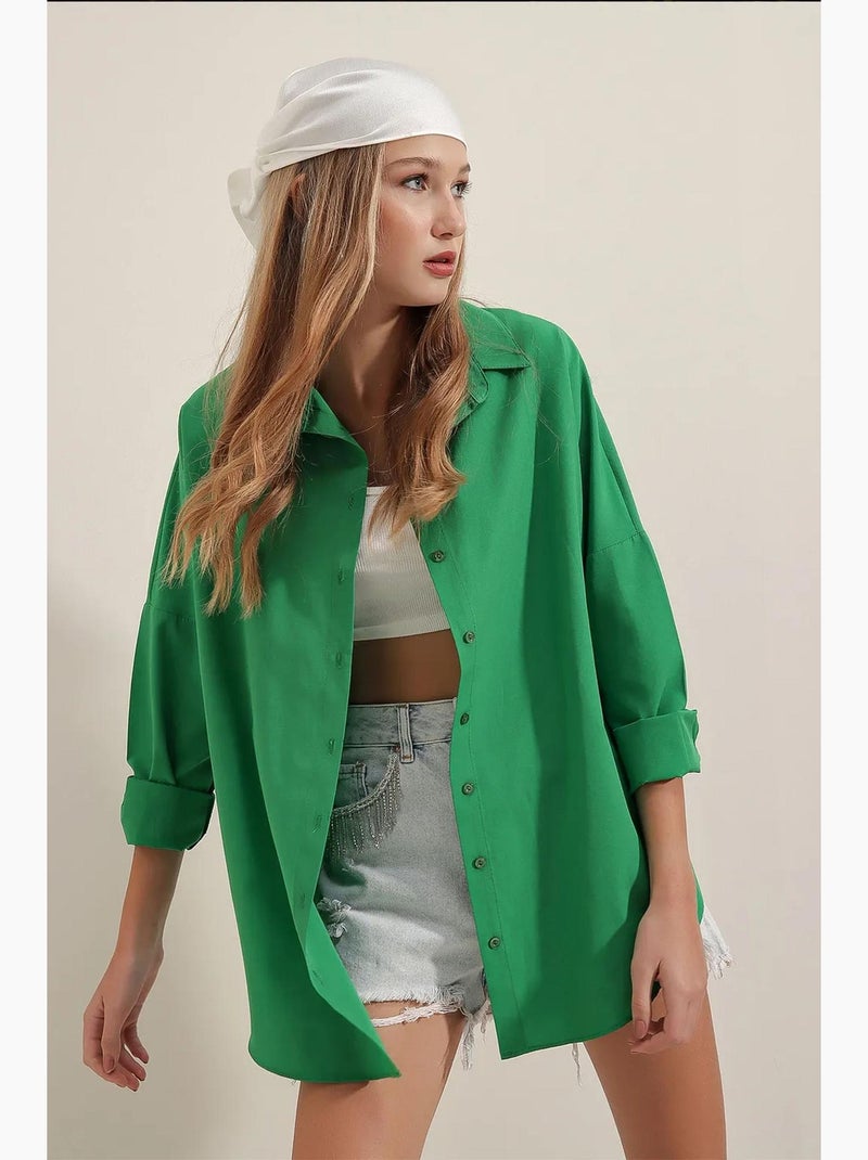 Oversized gebloemd poplin overhemd met knoopsluiting bdart Smaragdgroen - Kiabi