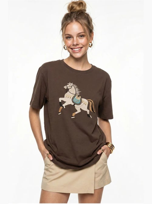 Oversized geborduurd t-shirt met pailletten en ronde hals lucci - Kiabi