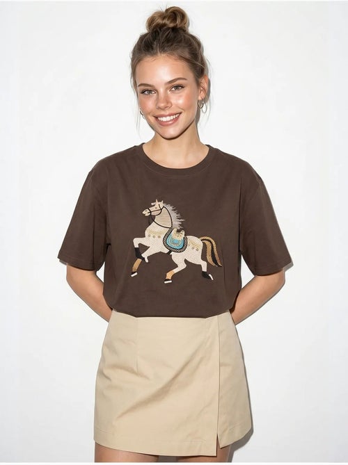 Oversized geborduurd t-shirt met pailletten en ronde hals lucci - Kiabi