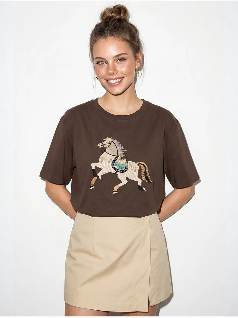 Oversized geborduurd t-shirt met pailletten en ronde hals lucci Bruin - Kiabi