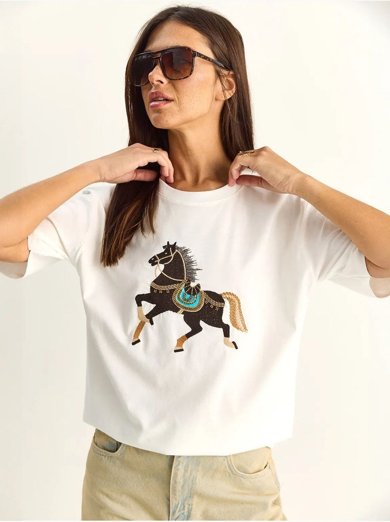 Oversized geborduurd t-shirt met pailletten en ronde hals lucci Wit - Kiabi