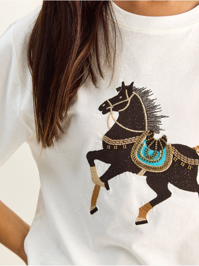 Oversized geborduurd t-shirt met pailletten en ronde hals lucci Wit - Kiabi