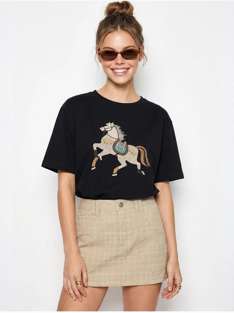 Oversized geborduurd t-shirt met pailletten en ronde hals lucci Zwart - Kiabi